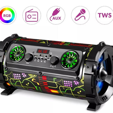 A portable cylindrical Bluetooth speaker with a black body, colorful neon-style graphic patterns in green, red, and yellow, and glowing green and blue fans. It is shown on a white background with feature icons for RGB lighting, AUX input, microphone, and TWS above it.