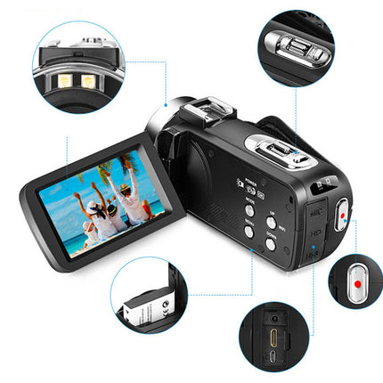 Digital video camera with screen and various buttons on a white background