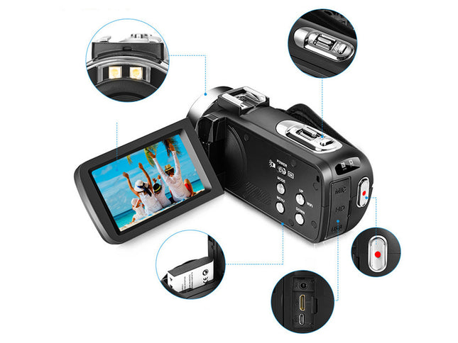 Digital video camera with screen and various buttons on a white background
