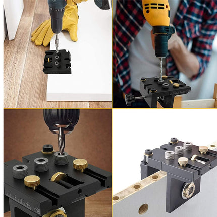 Collage of a drill bit set being used on a drill and a piece of wood.