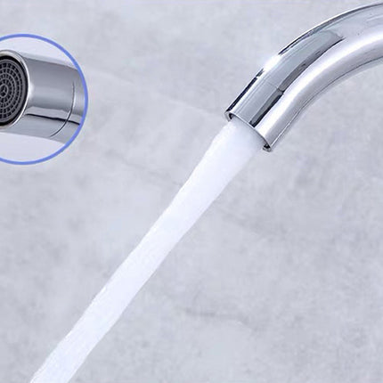 Chrome faucet with water flowing and a close-up of the nozzle on a light gray background