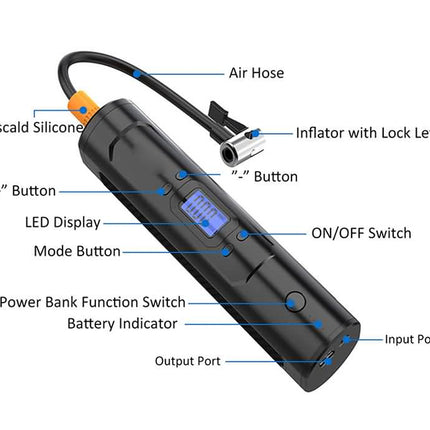 Black portable air pump with labeled callouts showing the air hose, anti-scald silicone, LED display, buttons, ports, and switch on a white background.