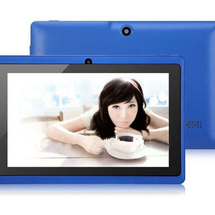 Blue tablet with a woman on the screen and blue packaging in the background