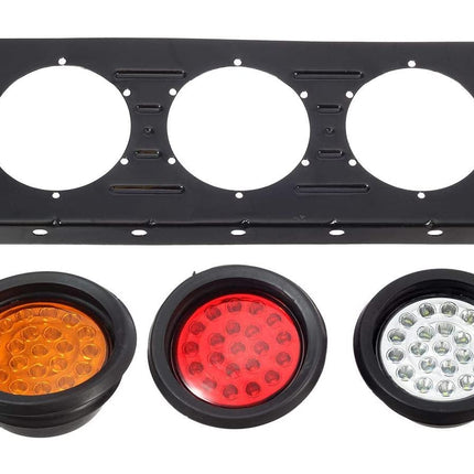 A black metal mounting frame with three circular cutouts, shown above three round light assemblies: amber, red, and a silver LED-style light, on a white background.