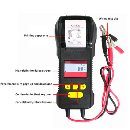 Battery tester with labeled parts on a white background