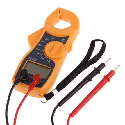 Digital multimeter with orange casing and probes on a white background