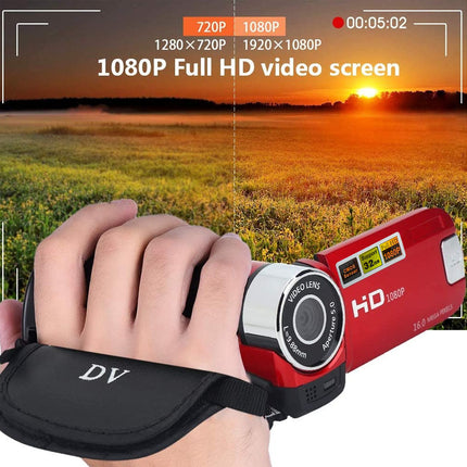 A red and silver digital wrist camcorder with a black strap, shown being worn on a hand against a sunset field background. The image includes camera screen mockup graphics and text overlays highlighting 1080p full HD video screen capabilities.
