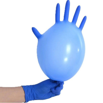 Blue balloon shaped like a hand held by a gloved hand on a white background