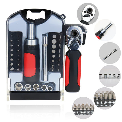 Set of tools including a screwdriver, wrench, and various bits in a clear case on a white background.