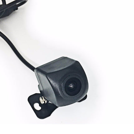 A small black car backup camera with a mounting bracket and attached cable, shown on a plain white background.