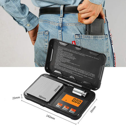 Digital pocket scale held by a person with a measurement inset showing its dimensions.