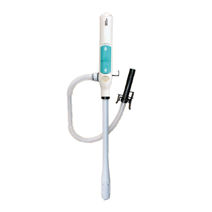 A white and light blue electric ice maker machine with a clear water hose and a black drain tube, shown against a plain white background.