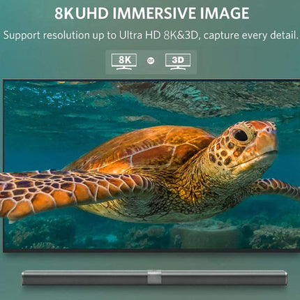 A 3D-rendered TV or monitor display showing a sea turtle swimming underwater, with marketing text above reading '8K UHD IMMERSIVE IMAGE' and a soundbar shown below on a teal background.