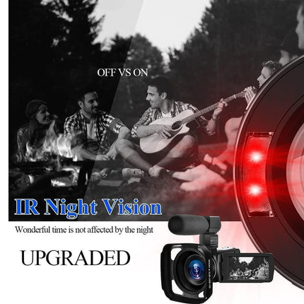 Advertisement for IR night vision camera with people around a campfire and camera icon.