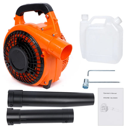 Orange handheld blower with black nozzles, fuel container, and manual on a white background