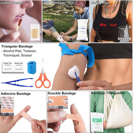 A collage showing various first-aid bandage tools and applications, including cotton swabs, a rubber bandage, safety pins, adhesive bandage, knuckle bandage, and a triangular bandage, with some photos of people using the items.