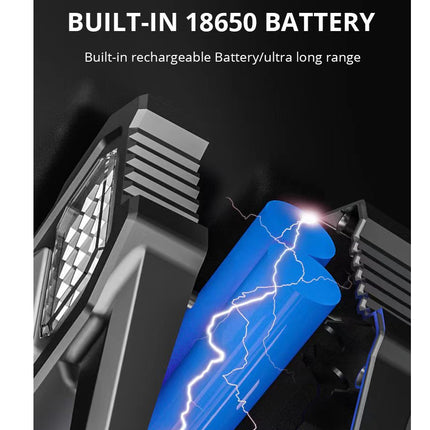 Product with a built-in 18650 battery highlighted on a dark background