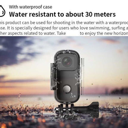 Waterproof camera with sunset and beach background