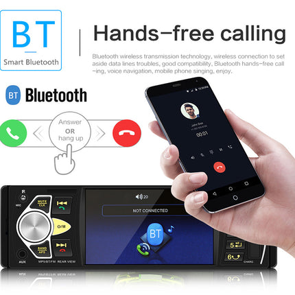 A hands-free Bluetooth car stereo system shown with a hand holding a smartphone demonstrating a call interface. The product is a black rectangular stereo headunit with a silver rotary knob and colorful display icons, set against a white background with explanatory text and Bluetooth graphics.