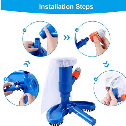 Step-by-step installation guide for a blue pool cleaning device with close-up illustrations.