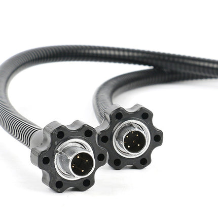 Two black metal connectors with flexible hoses on a white background