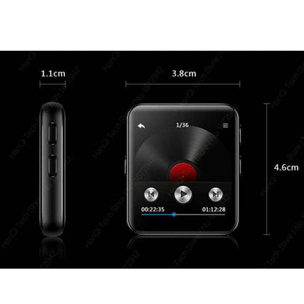 A black rectangular digital media player or smartwatch shown from the front and side on a black background, with dimension labels indicating 1.1 cm width, 3.
