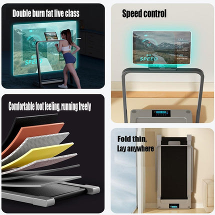 Collage of a treadmill with features highlighted on separate panels.