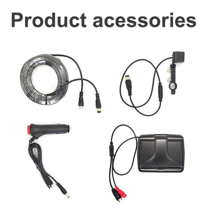 Product accessories laid out on a white background under the heading 'Product accessories,' including a coiled black cable, a vertical black connector cable with a small knob, a black power adapter with a red plug, and a black rectangular controller with red and white audio jacks.