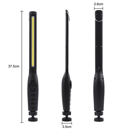 Black LED work light with measurements on a white background