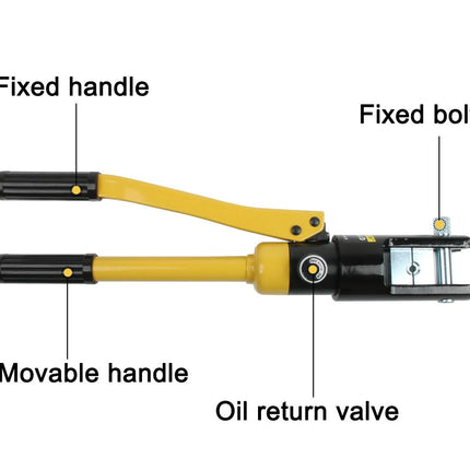 A yellow and black hydraulic hand tool on a white background with labeled callouts: Fixed handle, Movable handle, Fixed bolt, and Oil return valve.