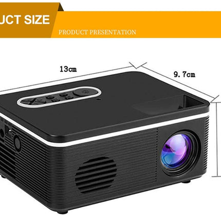 Black projector with dimensions labeled on a white background
