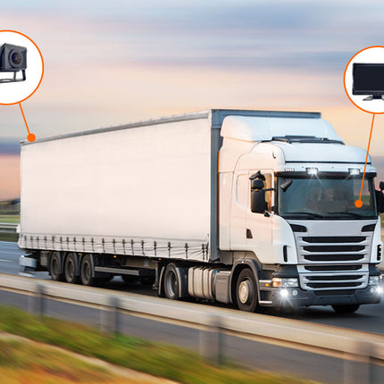 White truck on a highway with technology icons indicating surveillance and monitoring systems.