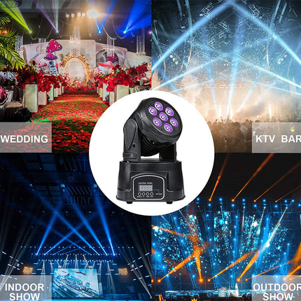 Lighting equipment with wedding, KTV bar, indoor show, and outdoor show text on a dynamic background.