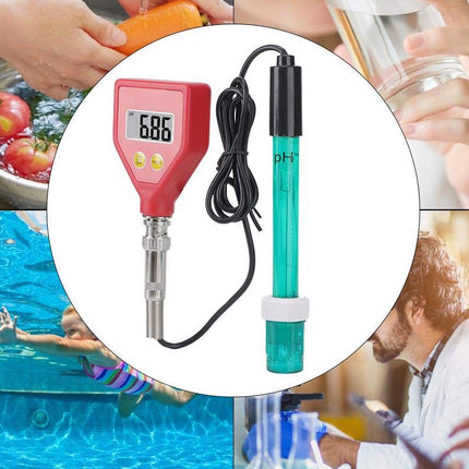 A collage showing a digital pH meter and pH test strip in the center, surrounded by lifestyle photos of water testing contexts including vegetables in water, a glass of water, a swimmer, and a lab technician.