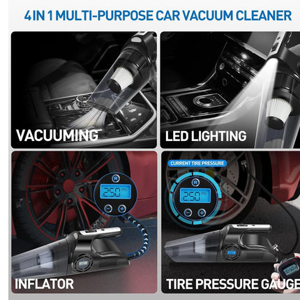 A 4-in-1 multi-purpose car vacuum cleaner shown in a four-panel feature graphic. The panels demonstrate its use for vacuuming a car interior, providing LED lighting, inflating a tire, and reading the tire pressure gauge.