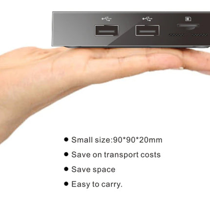 A hand holding a small black rectangular electronic device with two USB-A ports and a USB-C port on top, shown against a white background with bullet points listing its small size, transport savings, space savings, and portability.