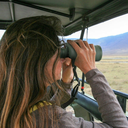 Person using binoculars from inside a vehicle in a scenic outdoor setting