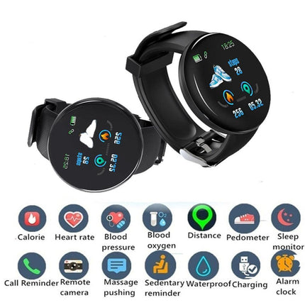 Smartwatch with a black band on a white background, featuring various health and fitness icons below.
