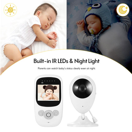 Baby monitor with built-in IR LEDs and night light feature, shown with two babies and text.