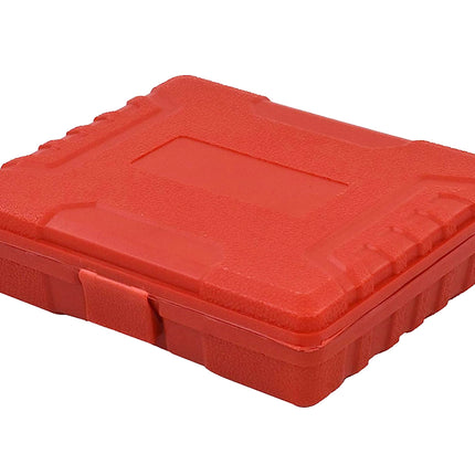 Red plastic storage box on a white background