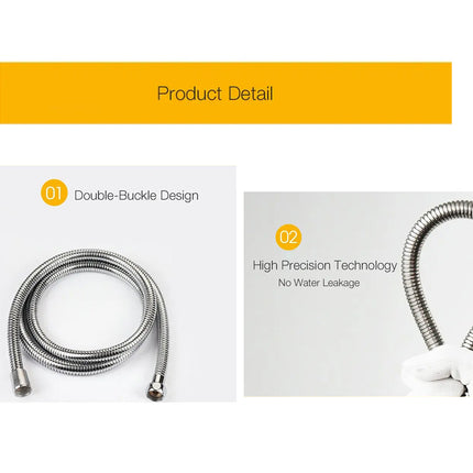 Product detail of a flexible hose with double-buckle design and high-precision technology on a white background.