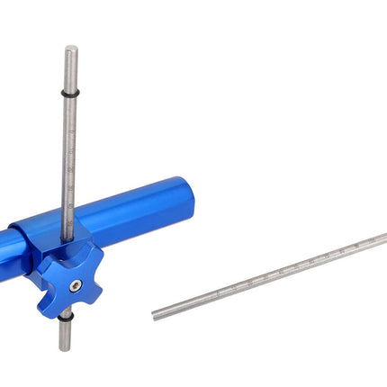 A blue anodized metal mounting clamp with a vertical silver metal rod and a separate long silver rod, shown on a plain white background.