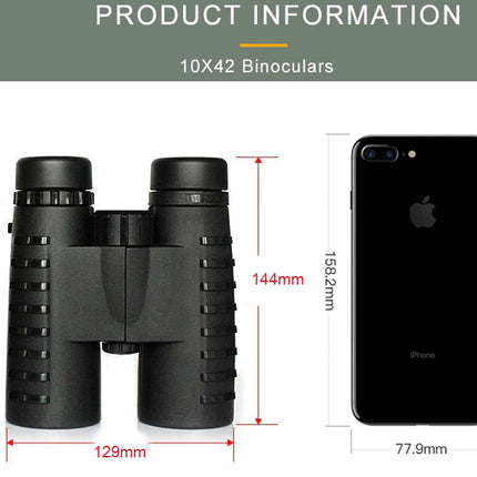 10x42 binoculars shown with a smartphone for size comparison on a white background.