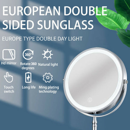 Double-sided magnifying mirror with features listed on a blue background