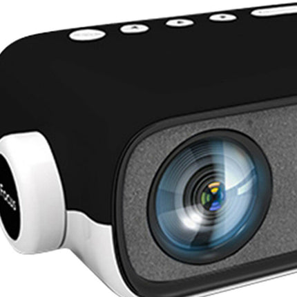 Black and gray projector with lens on a white background