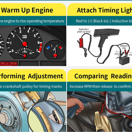 Illustrations showing steps for timing an engine, including warm up engine, attach timing light, performing adjustment, and comparing readings.