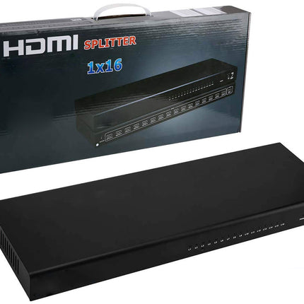 A 1x16 HDMI splitter device in black shown in front of its retail packaging box on a plain white background.