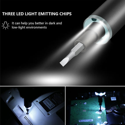 A product infographic showing a slim LED light pen or tool with three illuminated LED chips, featuring text and three demonstration panels on a black background.