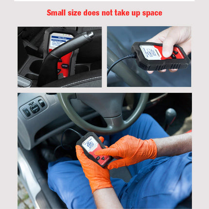 Small car diagnostic tool being used by a person in an orange glove inside a car.