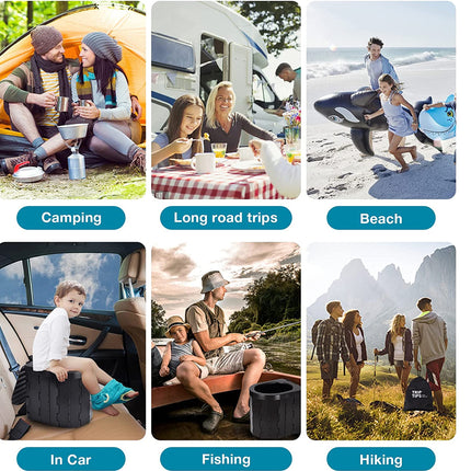 A collage of six lifestyle photos showing a black outdoor storage bin used in camping, on long road trips, at the beach, in a car, while fishing, and on hiking trips. Each photo has a blue label underneath with the activity name.
